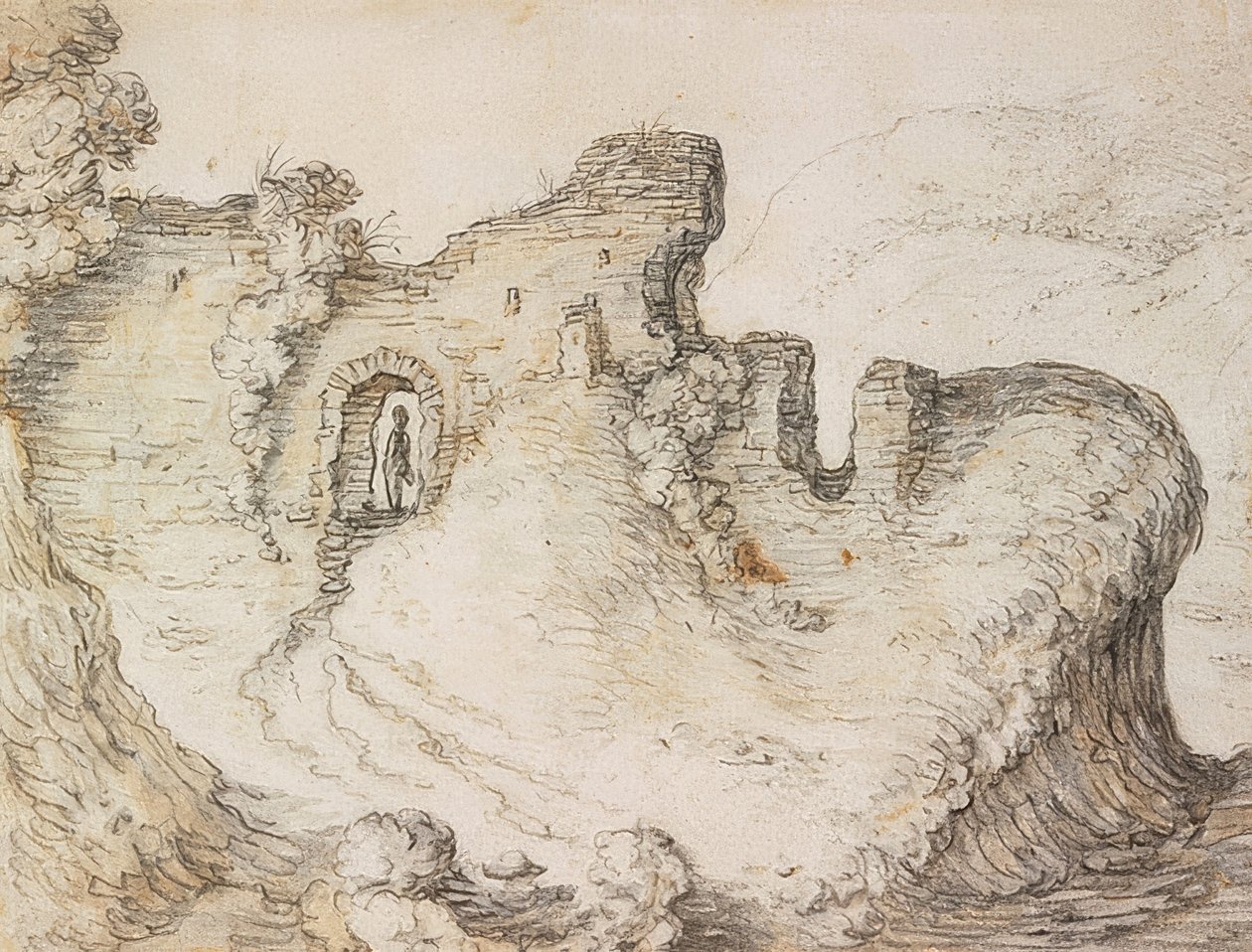 Vuoristomaisema raunioilla. Noin 1650 tekijältä Herman Saftleven