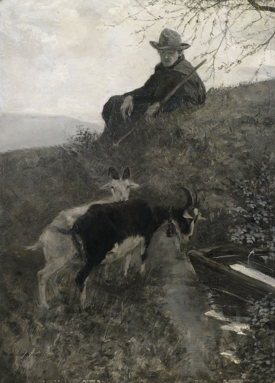 Ziegenhirte mit Tieren and einer Tränke tekijältä Hermann Pleuer