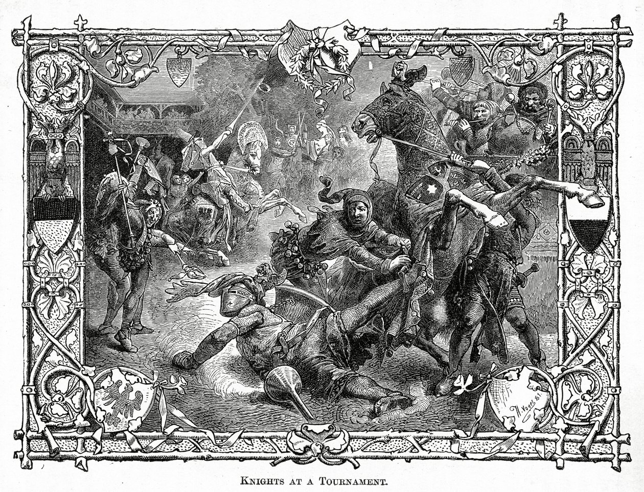 Ritarit turnauksessa, noin 1882 (puukaiverrus). tekijältä Hermann Vogel