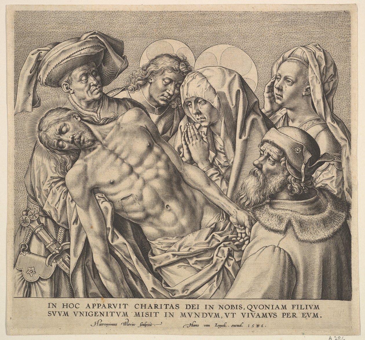 Kantaen Kristuksen ruumista, 1586. tekijältä Hieronymous Wierix