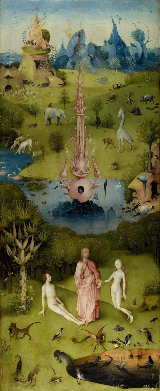 Maallisten nautintojen puutarha, vasen sisäsiipi (Paratiisi) tekijältä Hieronymus Bosch