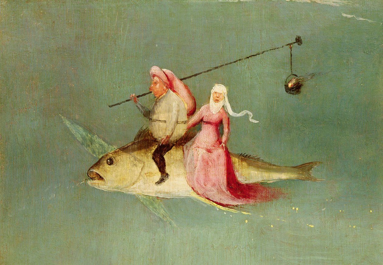 Pyhän Antoniuksen kiusaus, oikeanpuoleinen paneeli, yksityiskohta kalan ratsastusparista (katso 35965) tekijältä Hieronymus Bosch