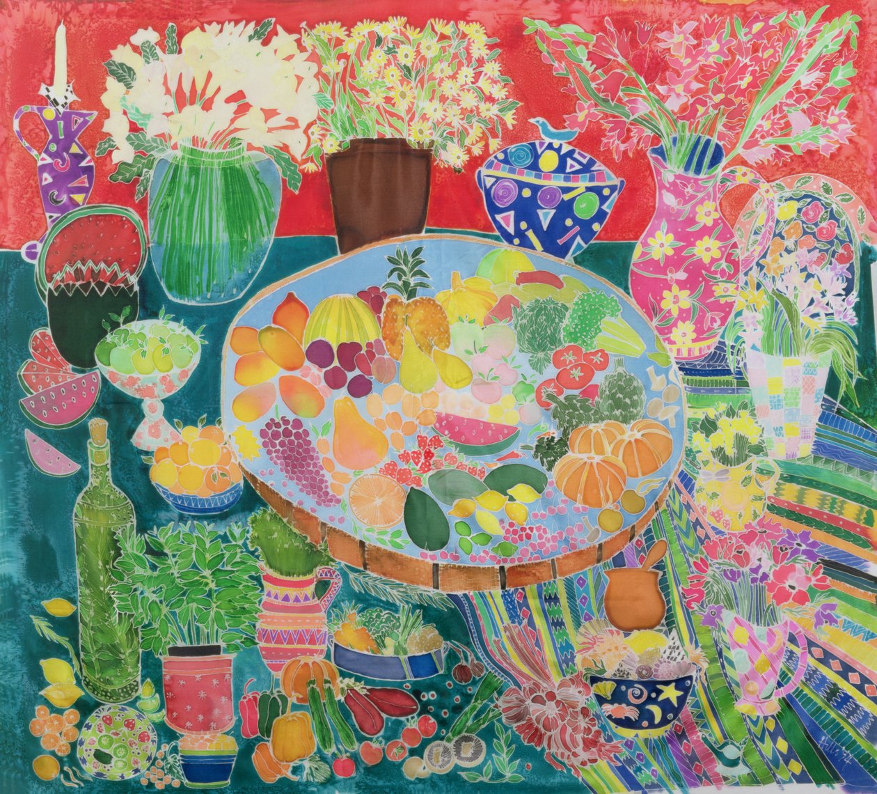 Guatemalan Table, 1995 (värilliset musteet silkille) tekijältä Hilary Simon