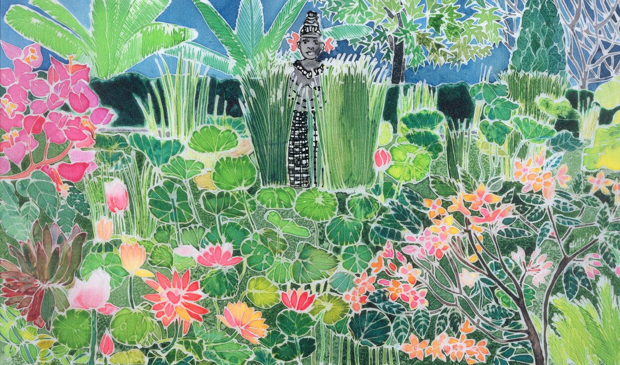 Lotus Pond, Ubud, Bali, 1997 (värilliset musteet silkillä) tekijältä Hilary Simon