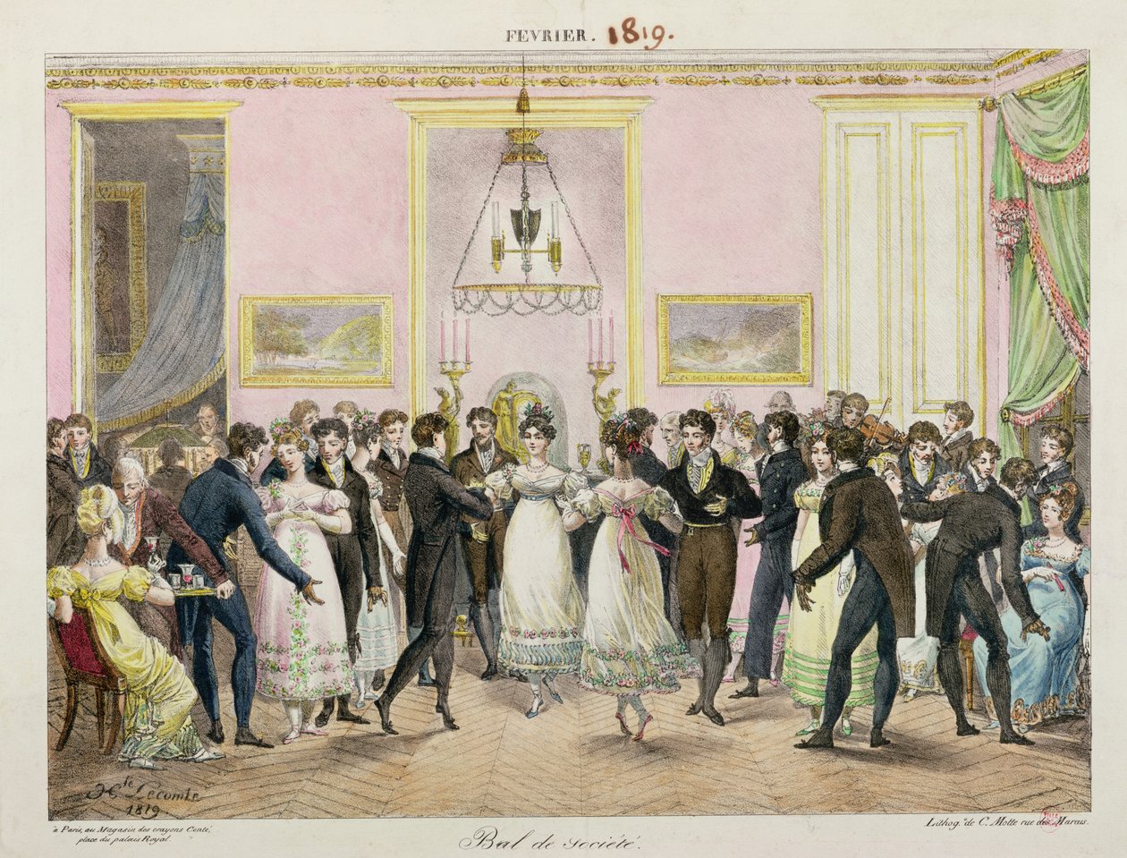 A Society Ball, kaiverrus Charles Etienne Pierre Motte (1785-1836) 1819 tekijältä Hippolyte Lecomte