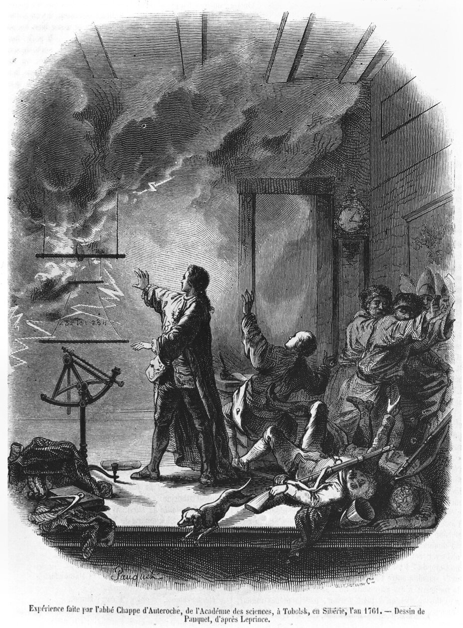 Jean Chappe dAuteroche (1722-69) kokeilee sähköä vuonna 1761, Tobolsk, Siperia, kuva Le Magasin Pittoresquesta, 1855 (bw kuva) tekijältä Hippolyte Louis Pauquet