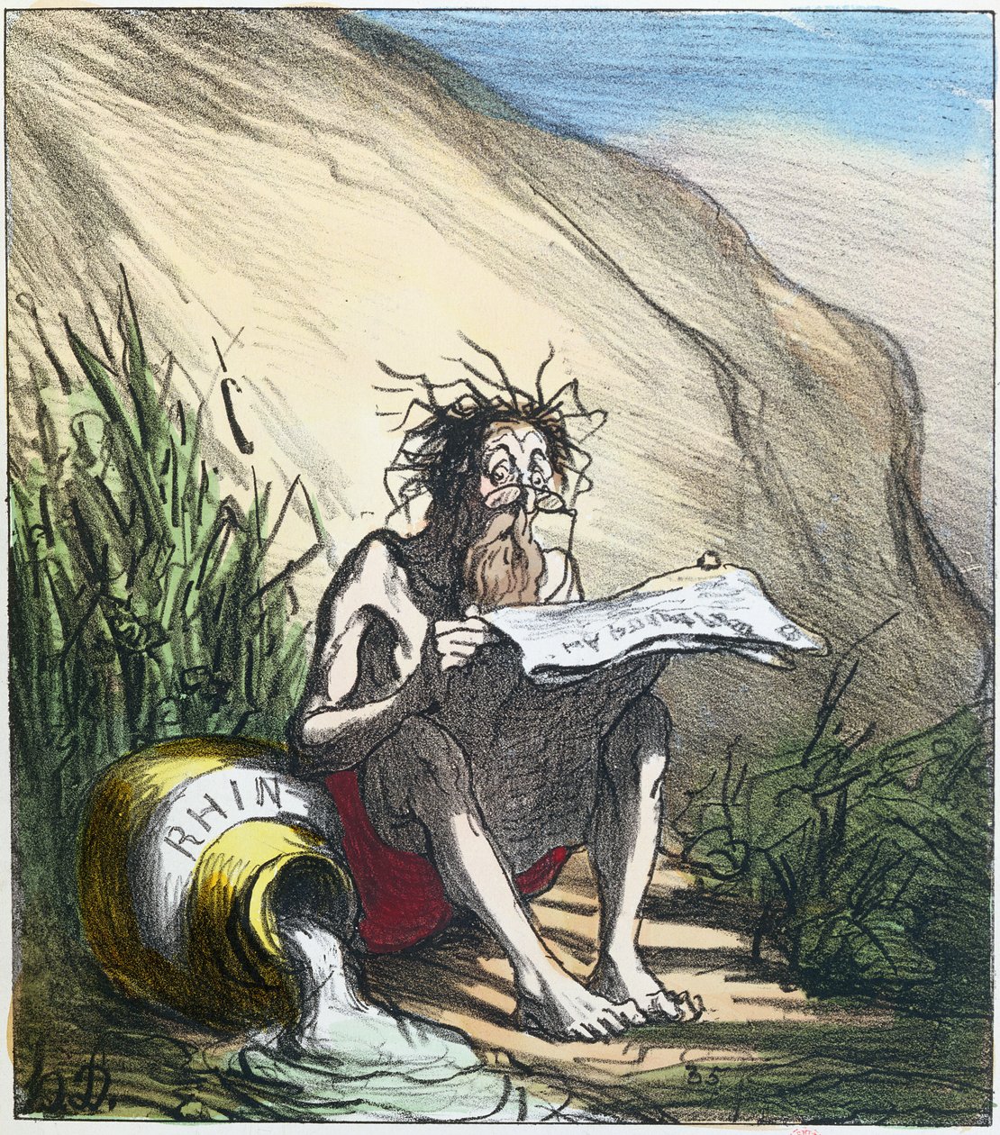 Diogenes (d.c.320 eKr.) lukee sanomalehteä, n.1870 (värilitografia) tekijältä Honoré Daumier