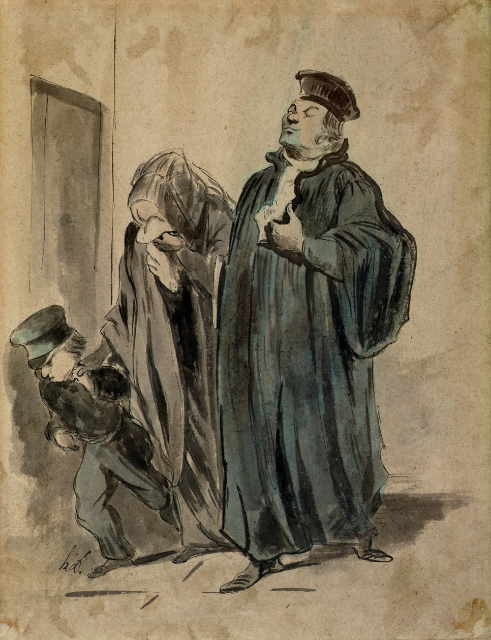 Tuomari, nainen ja lapsi (muste paperille) tekijältä Honoré Daumier