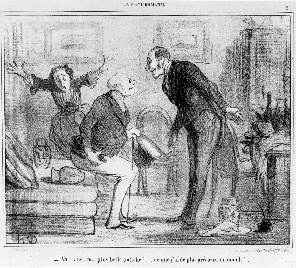 "Oi taivas, kaunein maljakoni... arvokkain omaisuuteni tässä maailmassa", sarjakuva "La Potichomanie" -sarjasta "le Charivari", 20. tammikuuta 1855 tekijältä Honoré Daumier