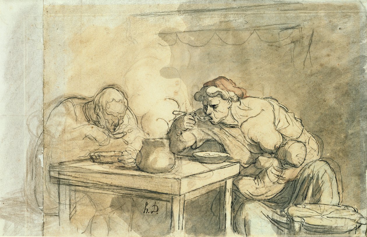 The Soup, n. 1862-65 (kynä ja muste, wc ja kynä paperille) tekijältä Honoré Daumier