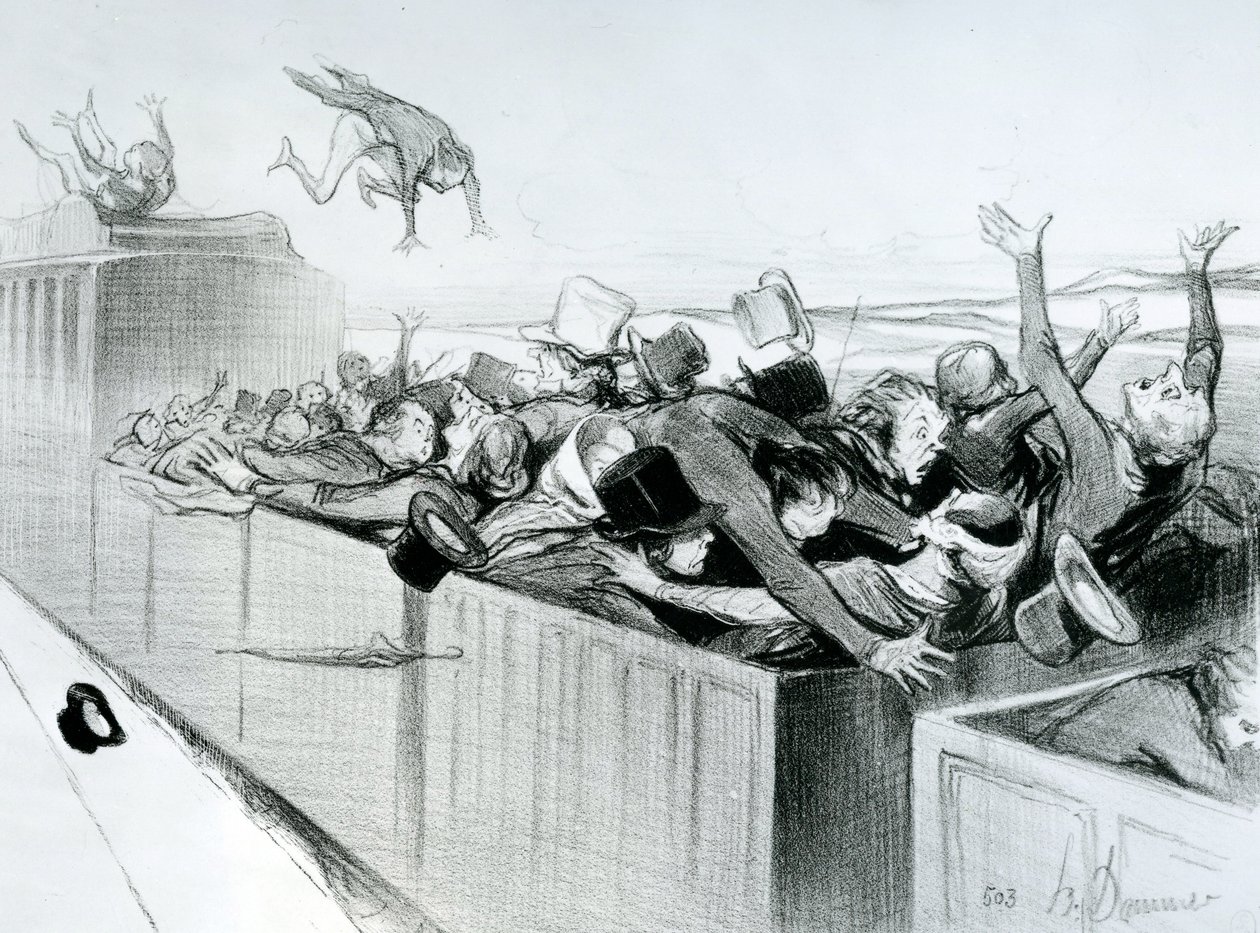 Impressions et Compressions de voyage, levy nro 9 sarjasta "Railways" kuvitus "Le Charivari", 1843 (litografia) tekijältä Honoré Daumier