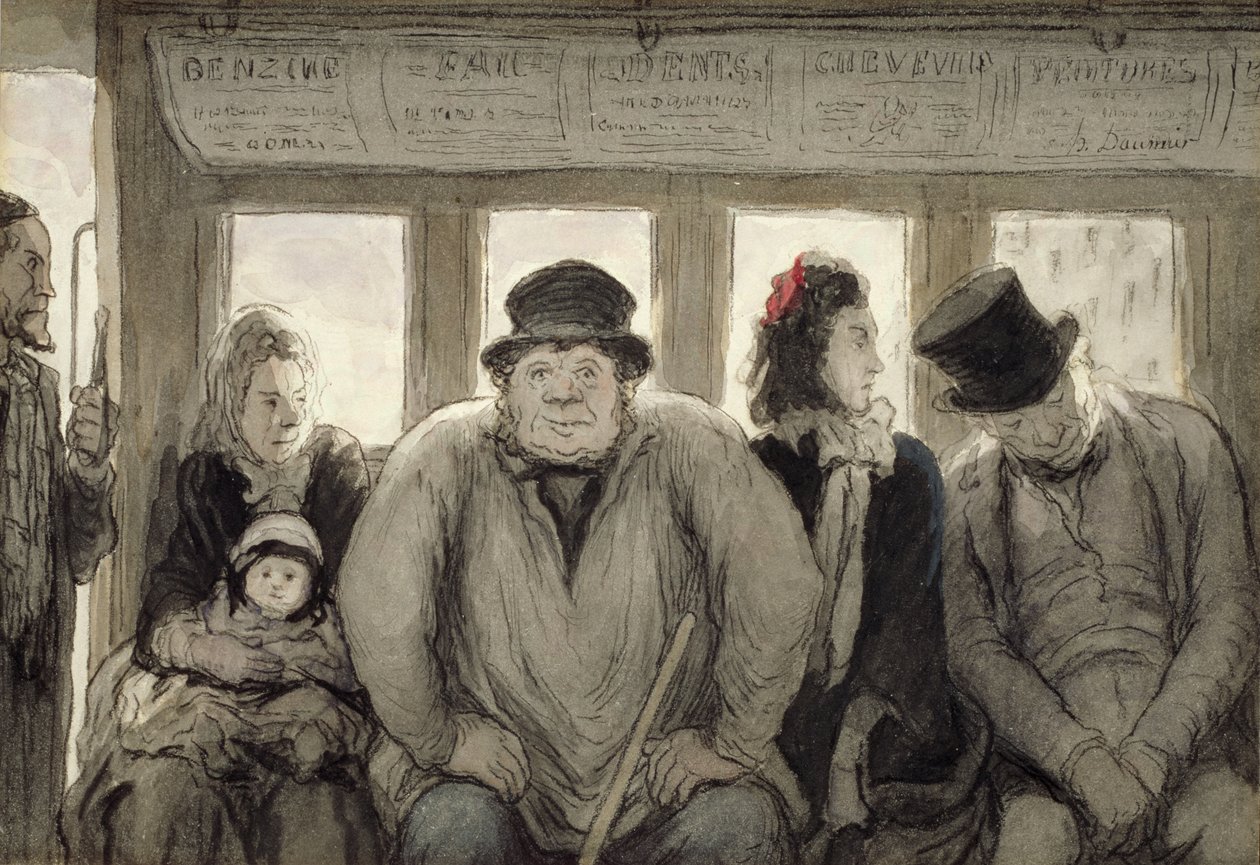 Omnibus, 1864 (muste, wc ja litografinen värikynä paperilla) tekijältä Honoré Daumier
