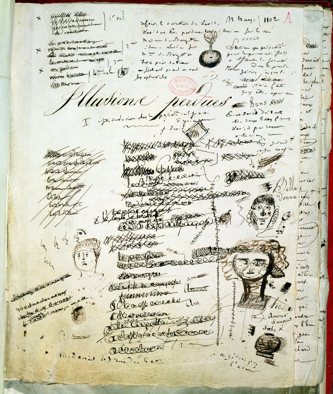 Les Illusions Perduesin otsikkosivu kirjoittajan huomautuksineen, n. 1830-40 tekijältä Honore de Balzac