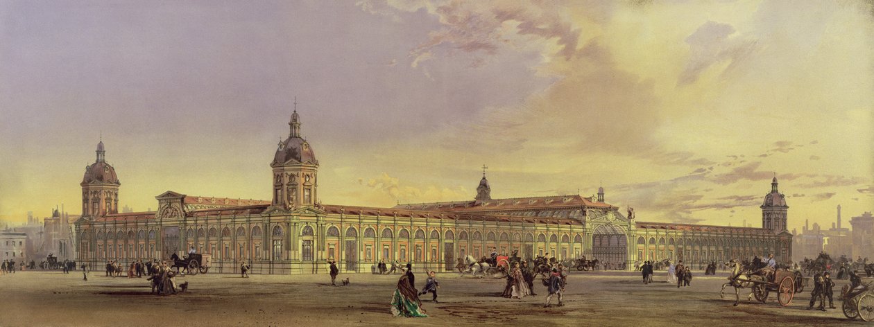 Metropolitan Meat and Poultry Market, Smithfield, Lontoo, 1868, arkkitehdin (chromolitho) maalauksen jälkeen tekijältä Horace Jones