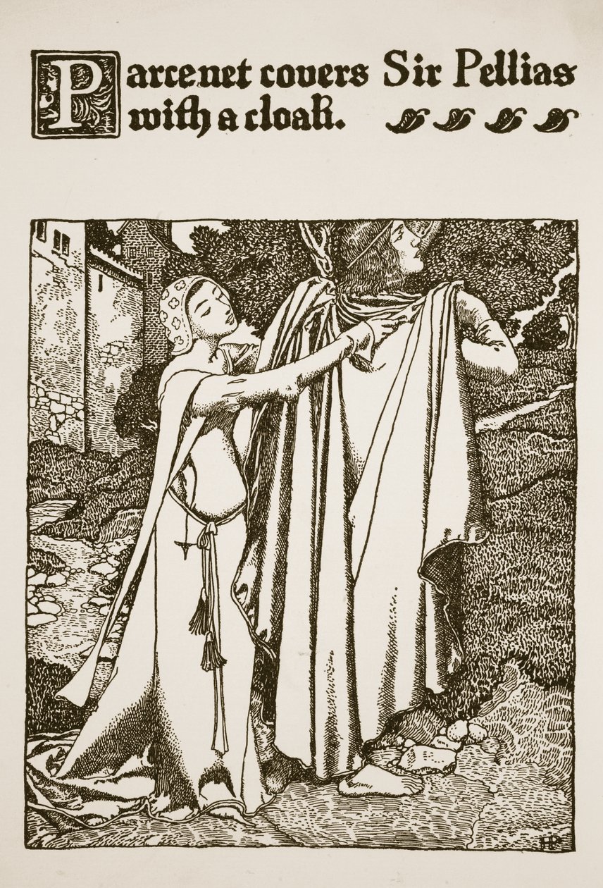 Parcenet peittää Sir Pelliaksen viittalla, kuvitus elokuvasta "Kuningas Arthurin ja hänen ritareinsa tarina", 1903 tekijältä Howard Pyle