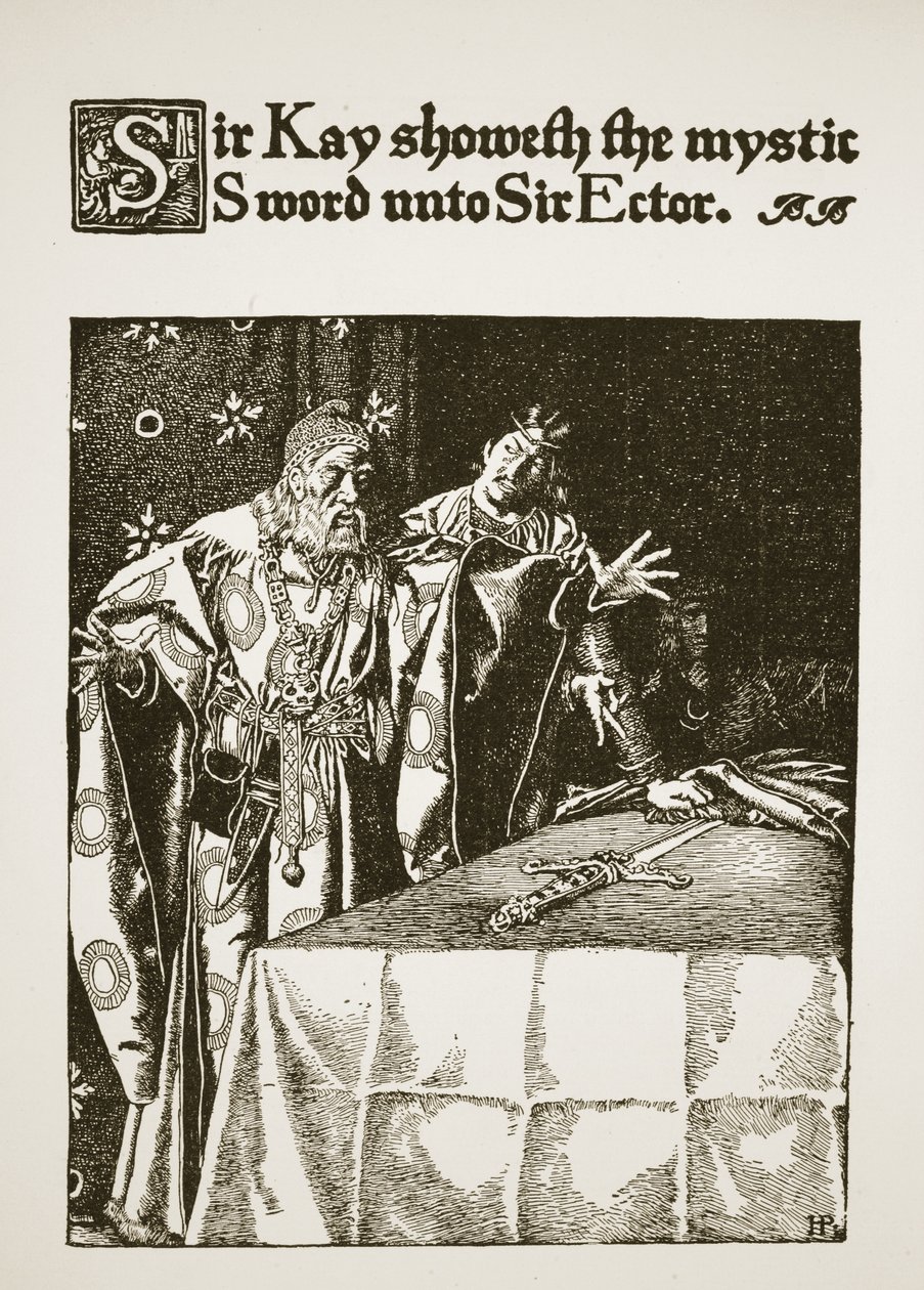 Sir Kay näyttää mystisen miekan Sir Ectorille, kuvitus teoksesta "The Story of King Arthur and his Knights", 1903 tekijältä Howard Pyle