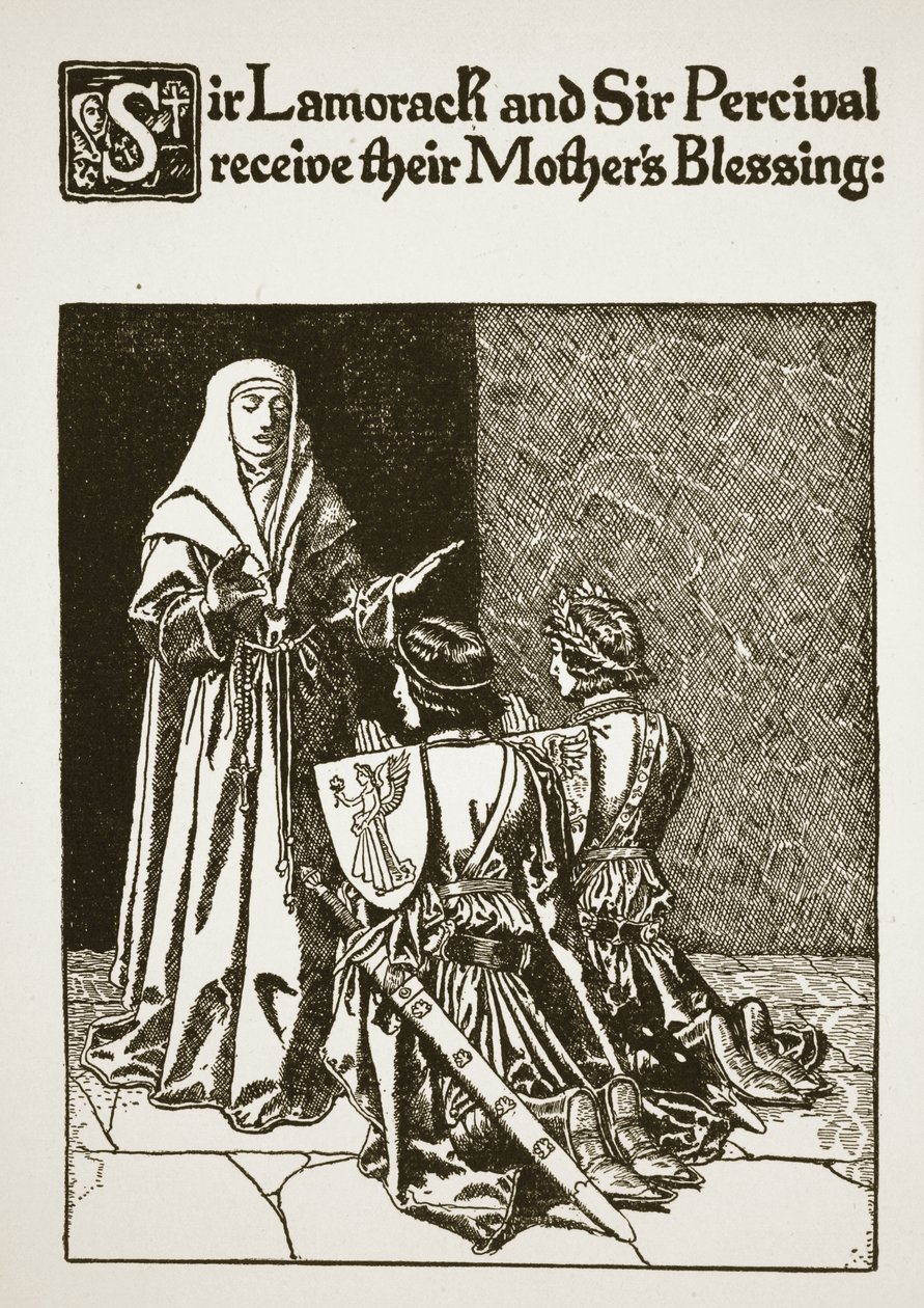 Sir Lamorack ja Sir Percival saavat äitinsä siunauksen, kuva julkaisusta "Sir Launcelotin ja hänen seuralaistensa tarina", 1907 tekijältä Howard Pyle
