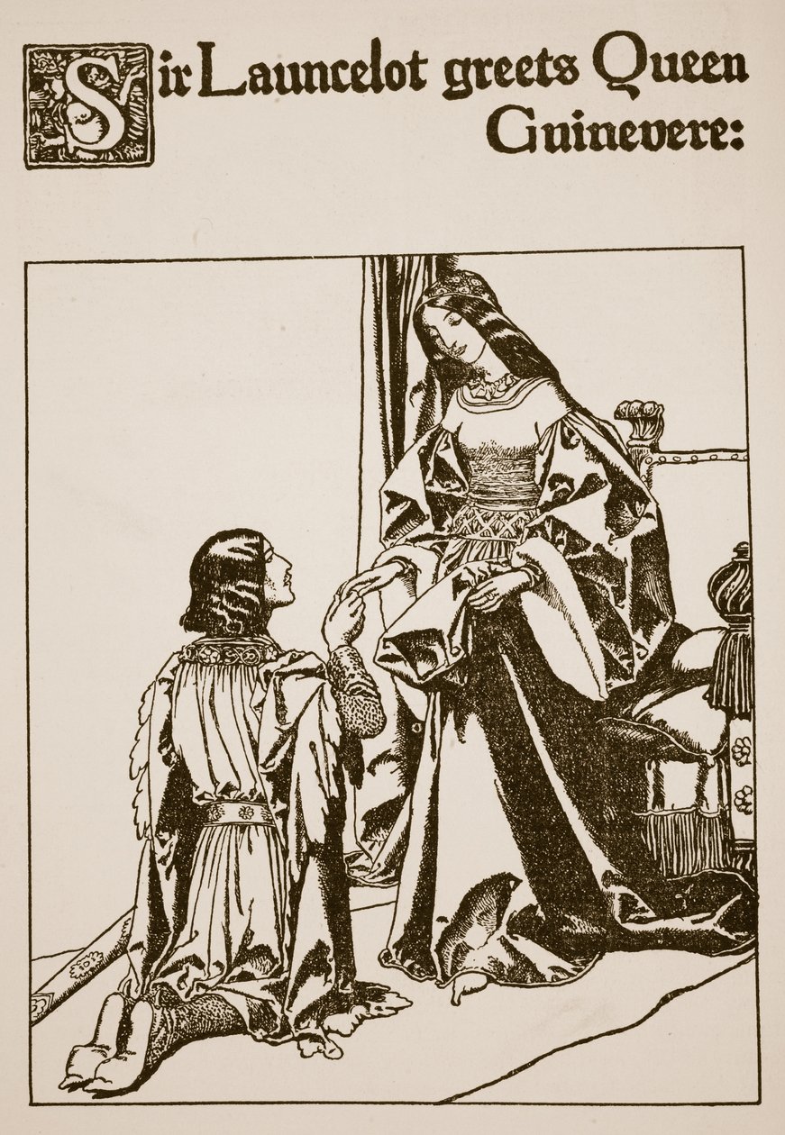 Sir Launcelot tervehtii kuningatar Guineverea, kuva "Pyöreän pöydän mestareiden tarina" tekijältä Howard Pyle