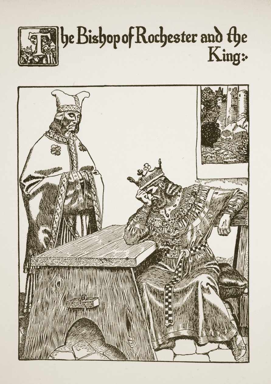 Rochesterin piispa ja kuningas, kuvitus teoksesta Graalin tarina ja Arthurin kuolema, n. 1910 tekijältä Howard Pyle