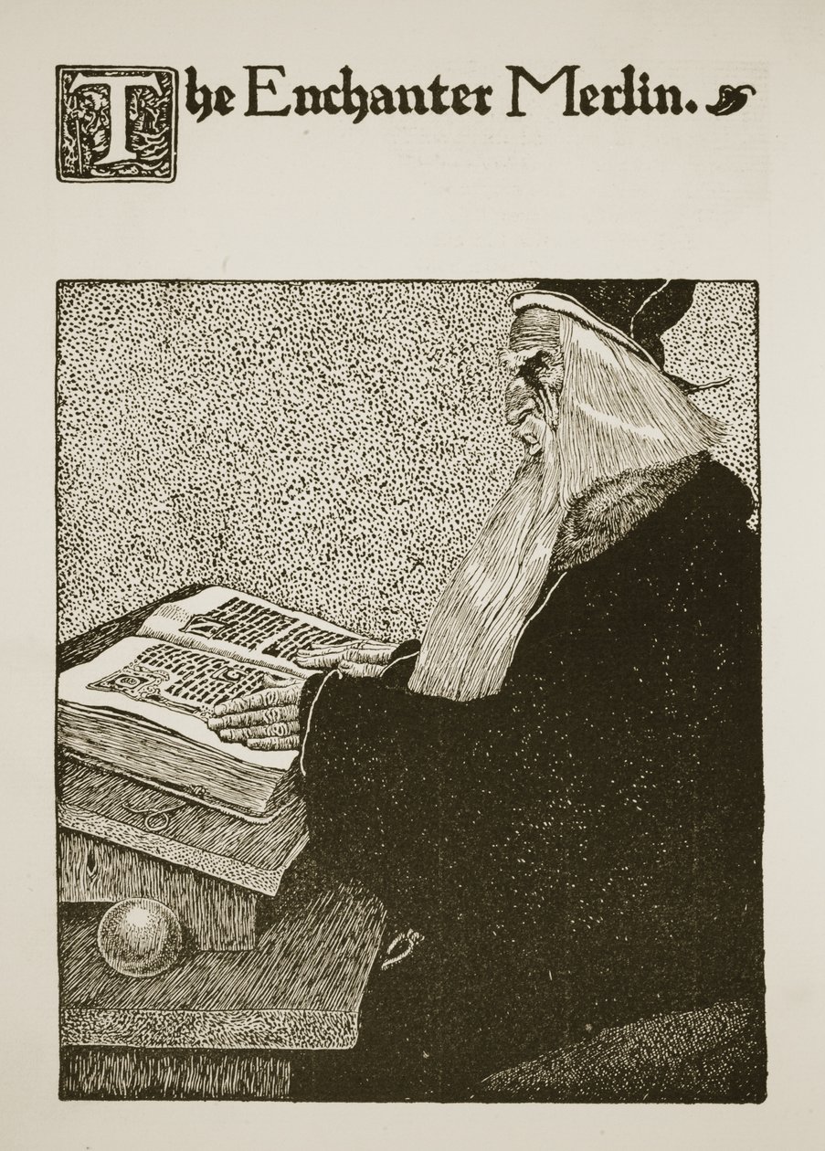 Lumoaja Merlin, kuvitus elokuvasta "Kuningas Arthurin ja hänen ritareinsa tarina", 1903 tekijältä Howard Pyle