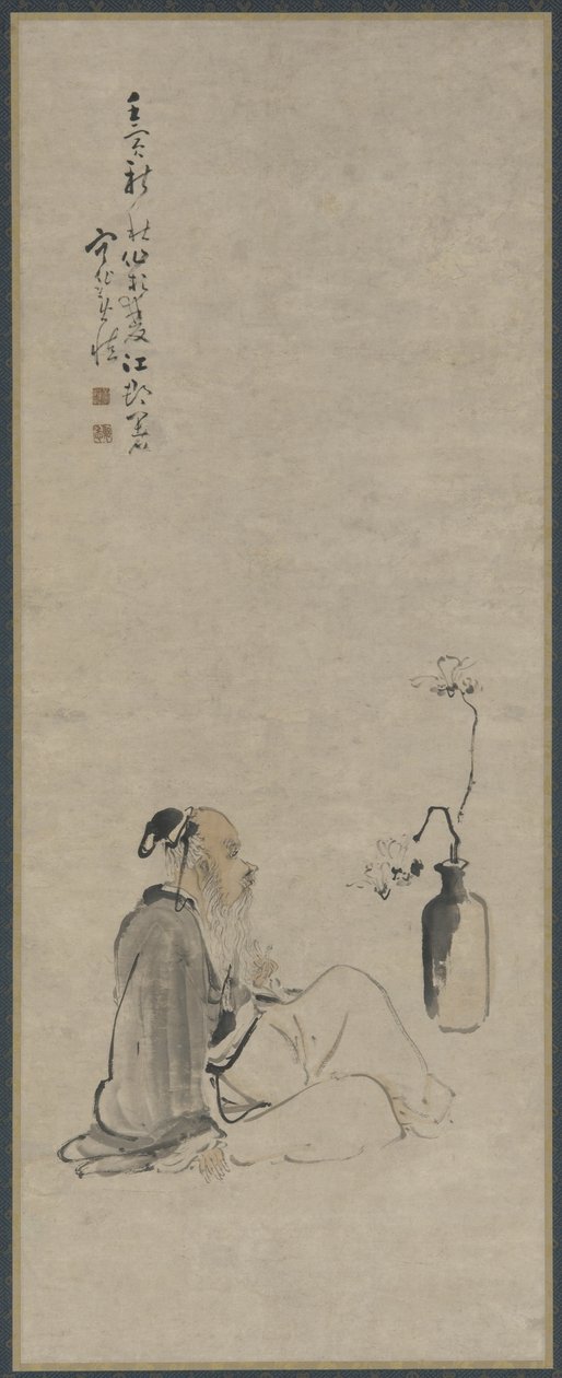 Vanha mies katselee magnolian oksia maljakossa, Qing-dynastia, 1722 (muste ja väri paperilla) tekijältä Huang Shen