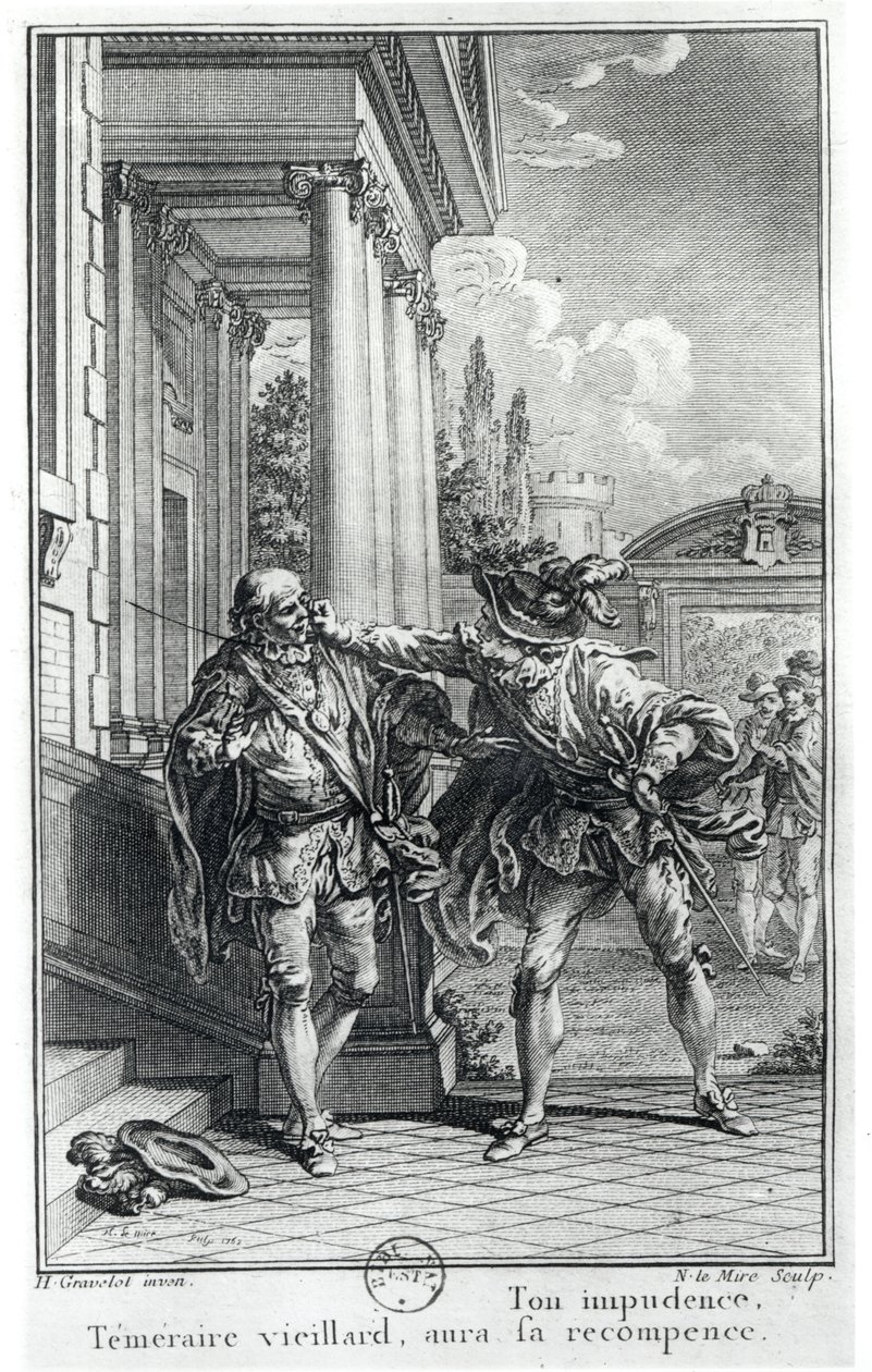 Taistelukohtaus, kuvitus Pierre Corneillen (1606-84) Le Cidiin (1637), kaiverrus Noel Le Mire (1724-1800) 1762 tekijältä Hubert Francois Gravelot