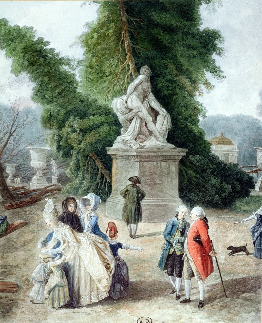 Ludvig XVI (1754-1793) ja Marie-Antoinette (1755-1793) Tapis Vertin sisäänkäynnillä Versaillesin puutarhassa, 1775 (värikaiverrus) (yksityiskohta) tekijältä Hubert Robert