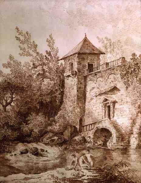 The Bathers (sangviini paperilla) tekijältä Hubert Robert