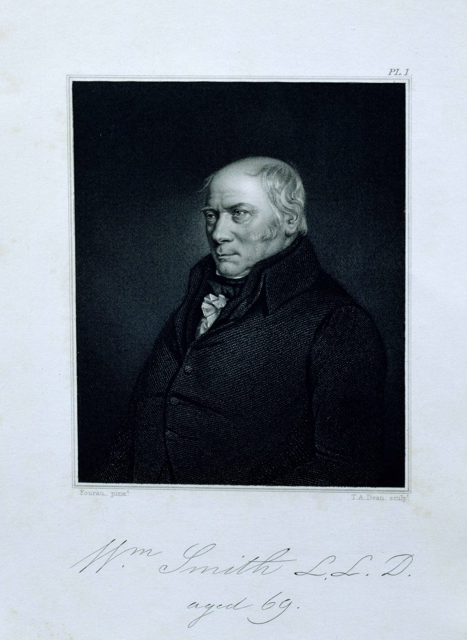 William Smithin (1769-1839) muotokuva 69-vuotiaana, etukuva hänen veljenpoikansa ja oppilaansa John Phillipsin kirjoittamista William Smithin muistelmista, kaiverrettu T.A. Deanin (1818-1850) toimesta, julkaissut John Murray, 1844 (kaiverrettu T.A. Dean, 1 tekijältä Hugues Fourac