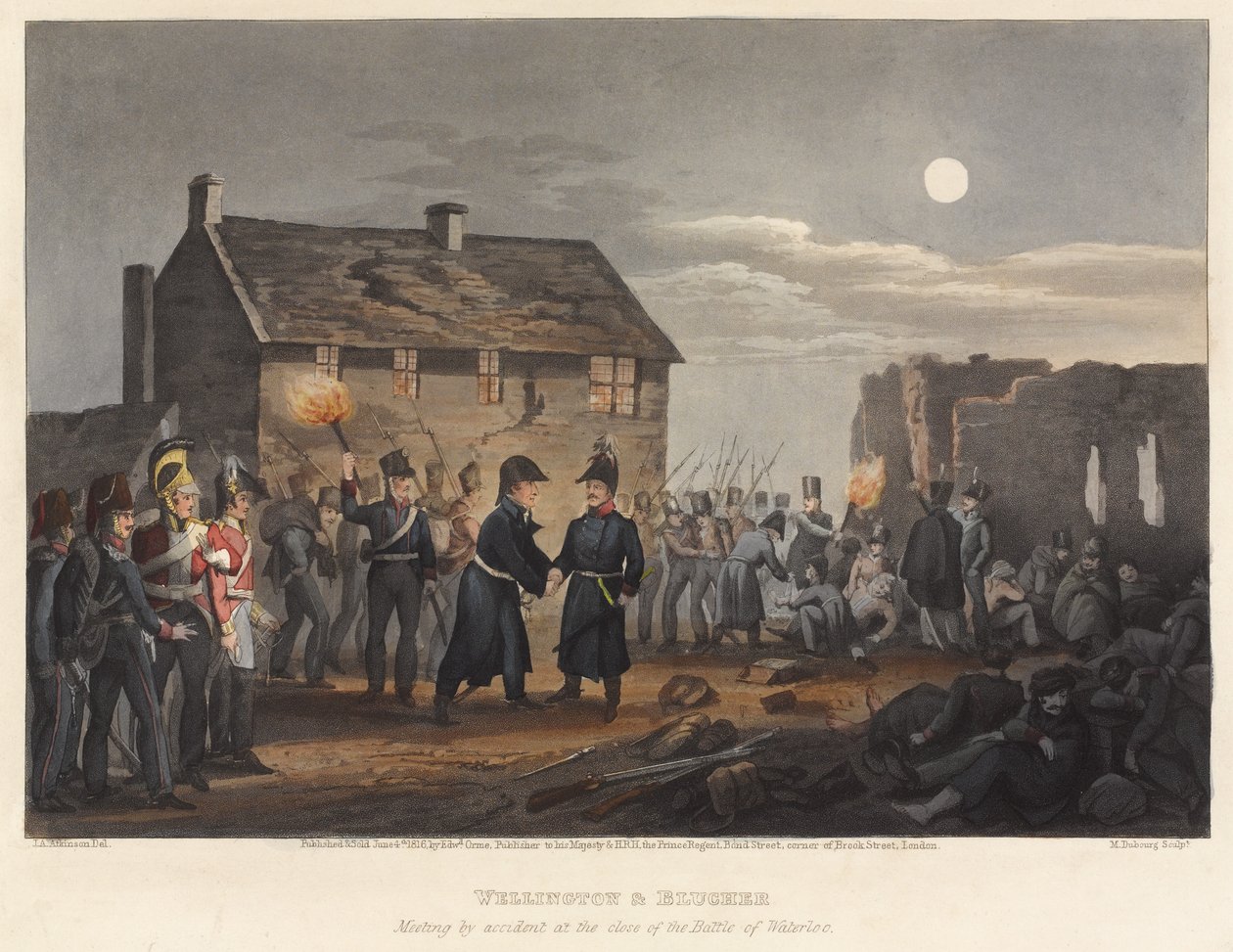 Wellingtonin ja Blucherin tapaaminen sattumalta Waterloon taistelun lopussa, kaiverrettu M. Dubourgin toimesta, 1819 (värillinen akvatintta). tekijältä I. M. Clark