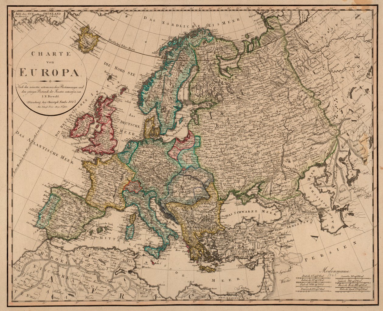 Kartta on julkaistu Nürnbergissä Christoph Fembon toimesta (1823), ja siinä näkyy Eurooppa. tekijältä I. N. Diewald