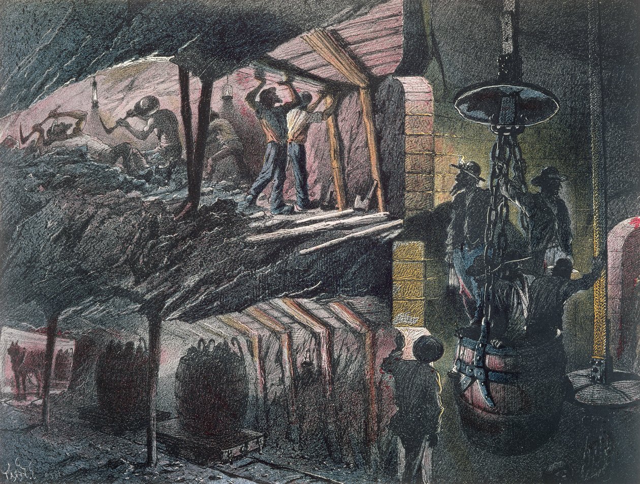 Hiilikaivoksen poikkileikkaus, kaiverrus Jules Ferat (s.1819) 1889 tekijältä Ignace Francois Bonhomme