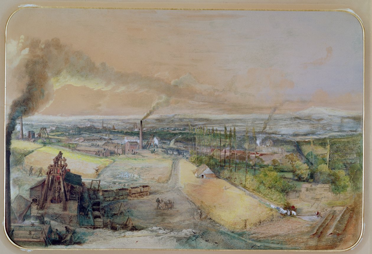 Teollisuusmaisema Blanzyn hiilikentällä, Saone-et-Loire, noin 1860 tekijältä Ignace Francois Bonhomme