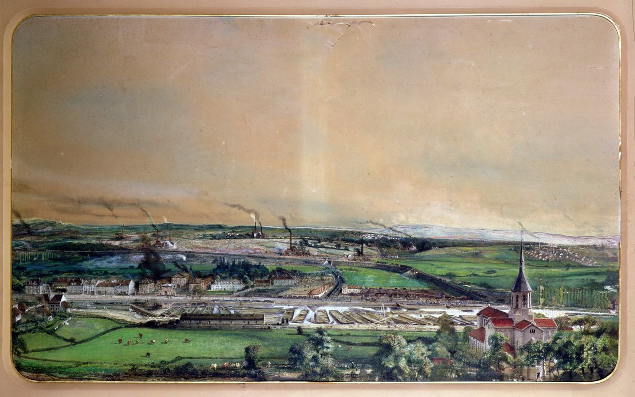 Blanzyn hiilikentän teollisuusmaisema, Saone-et-Loire, n.1860 (w paperille) tekijältä Ignace Francois Bonhomme