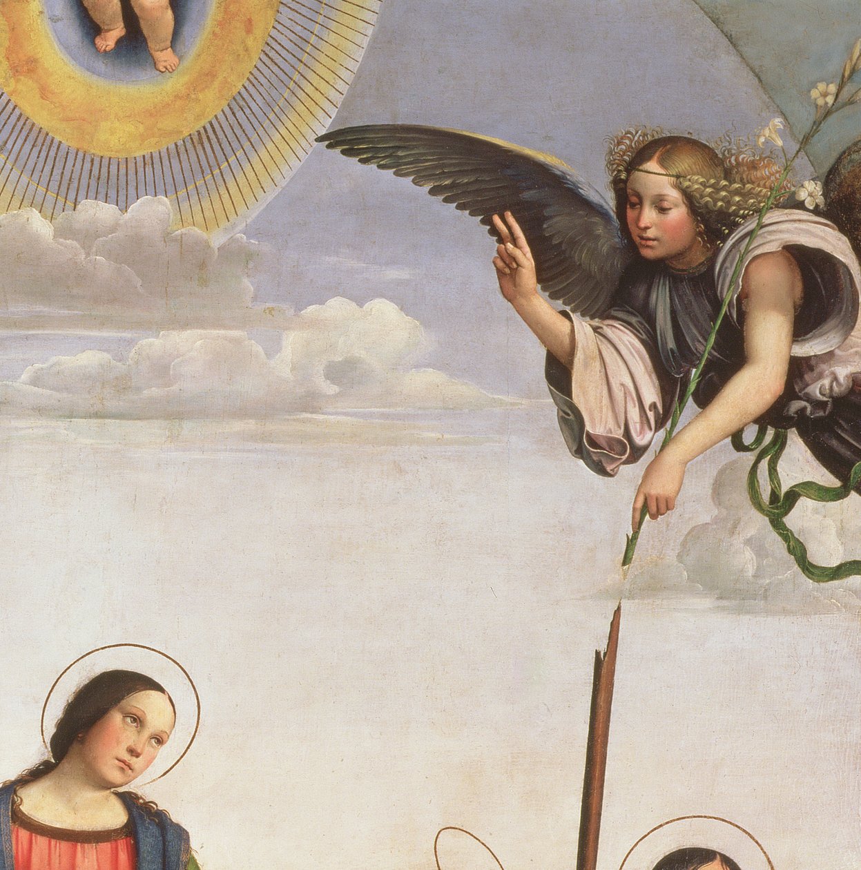 Ilmoitus ja pyhät, yksityiskohta arkkienkeli Gabrielista, 1500 (yksityiskohta 33423) tekijältä Il Francia