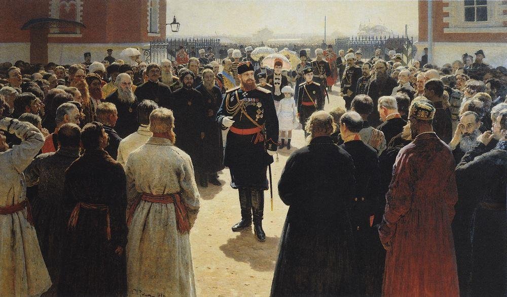 Aleksander III ottaa vastaan maaseudun vanhimpia Moskovan Petrovskin palatsin pihalla. tekijältä Ilya Efimovich Repin
