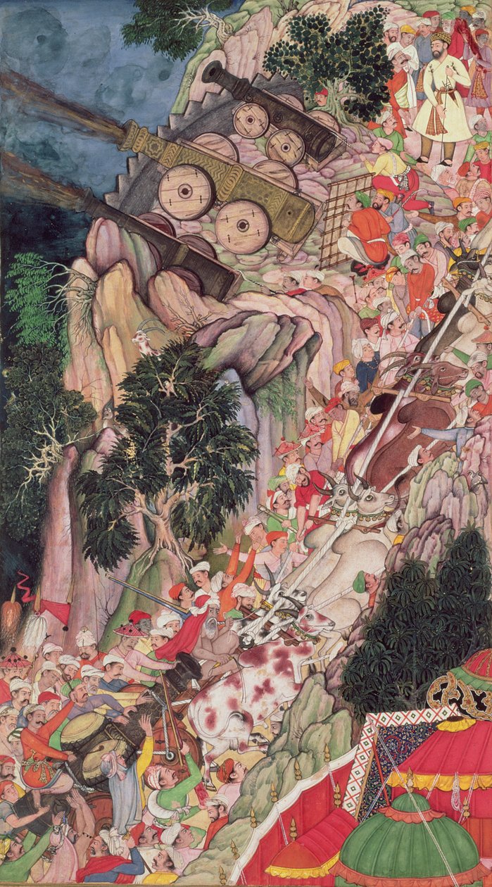 Härät raahaavat piiritysaseita ylämäkeen hyökkäyksen aikana Ranthambhorin linnoitukseen, Akbarnamasta, Mughalista, n. 1590-1595 (läpinäkymätön wc ja kultaa paperilla) tekijältä Indian School