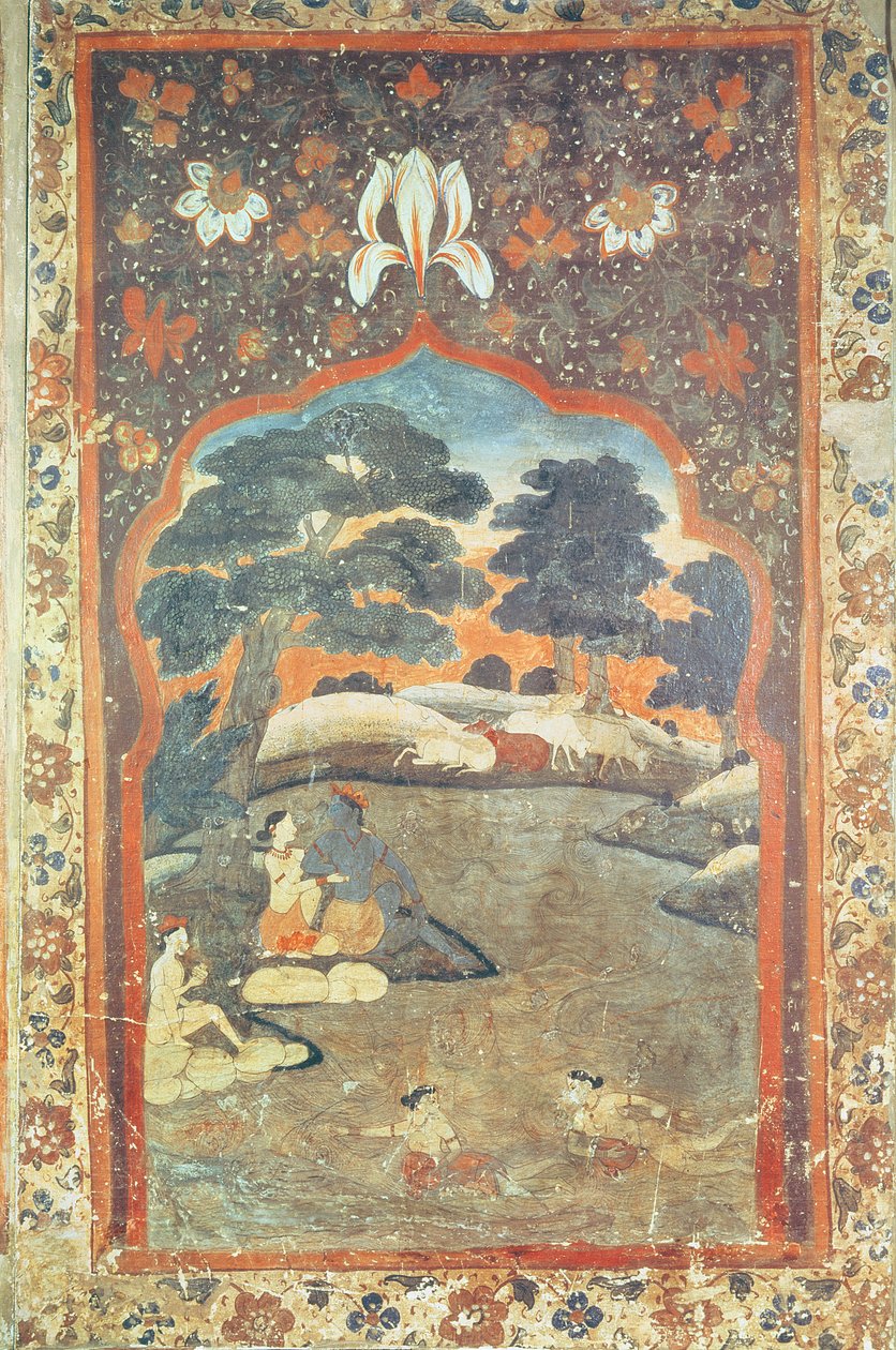 Krishna ja Radha Beside a River, Pahari School tekijältä Indian School