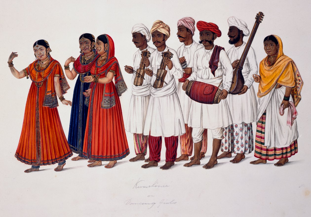 Tanssitytöt ja muusikot, n.1828 (värilitho) tekijältä Indian School