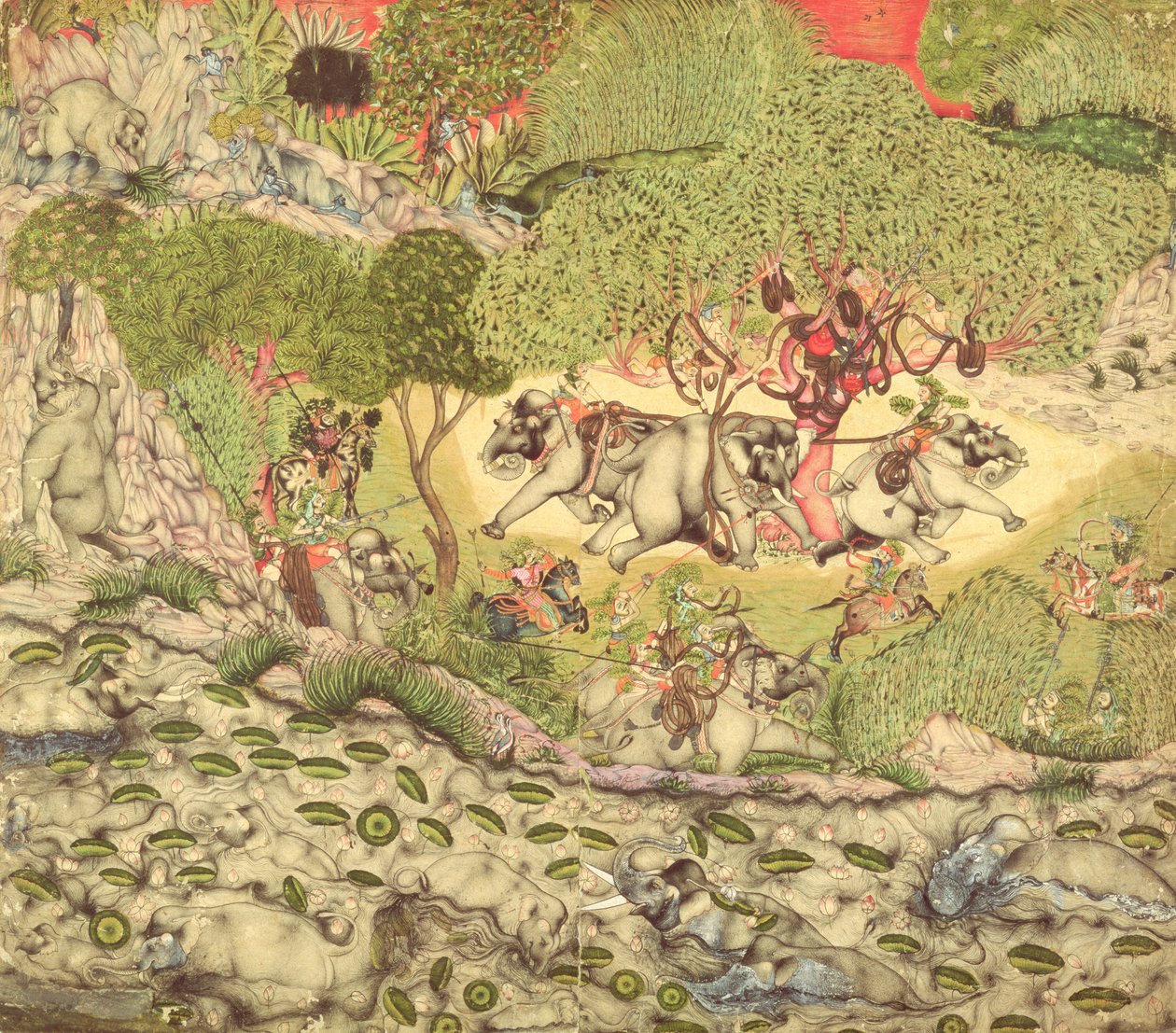 Sisään. 70.14 Elefantin metsästys, n. 1740-50 tekijältä Indian School