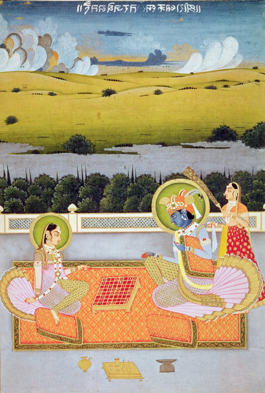 Ruhtinaspari leikkimässä luonnoksia, Rajasthan School, n. 1750 tekijältä Indian School