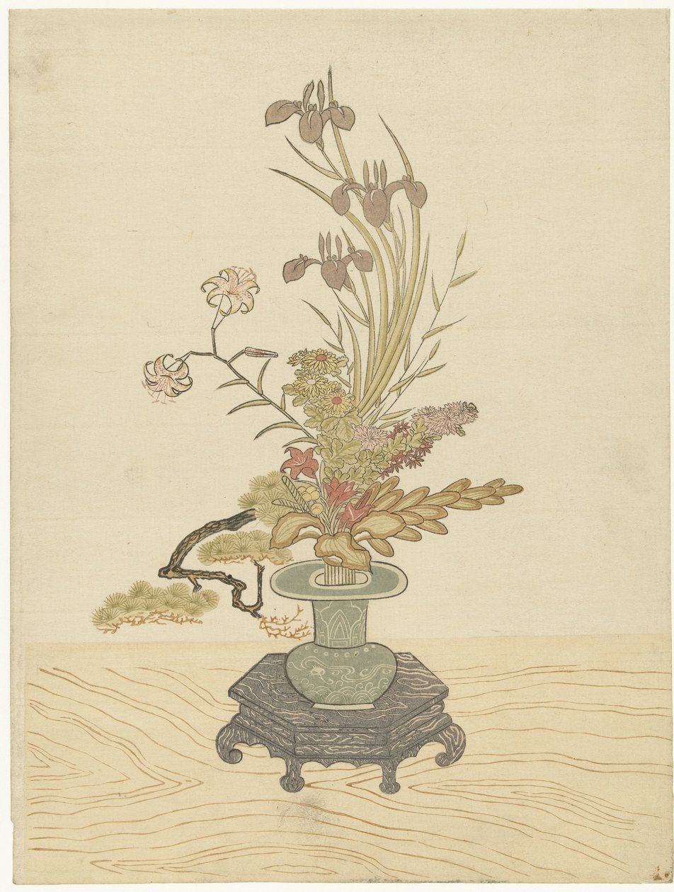 Ikebana-kukkaasetelma vihreässä maljakossa tekijältä Ippitsusai Bunchô (manner of)