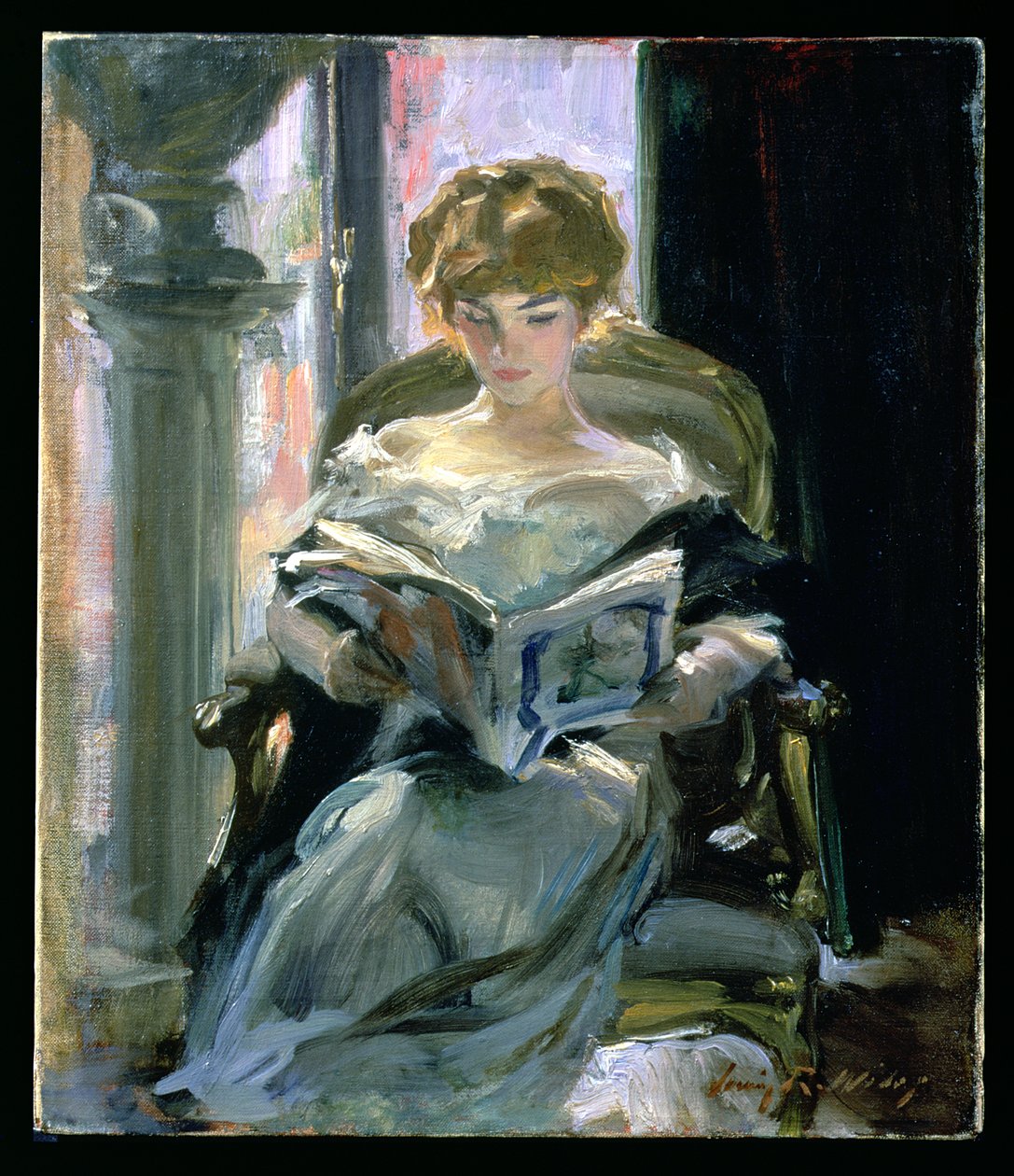 Nainen lukee (öljy kankaalle) tekijältä Irving Ramsay Wiles