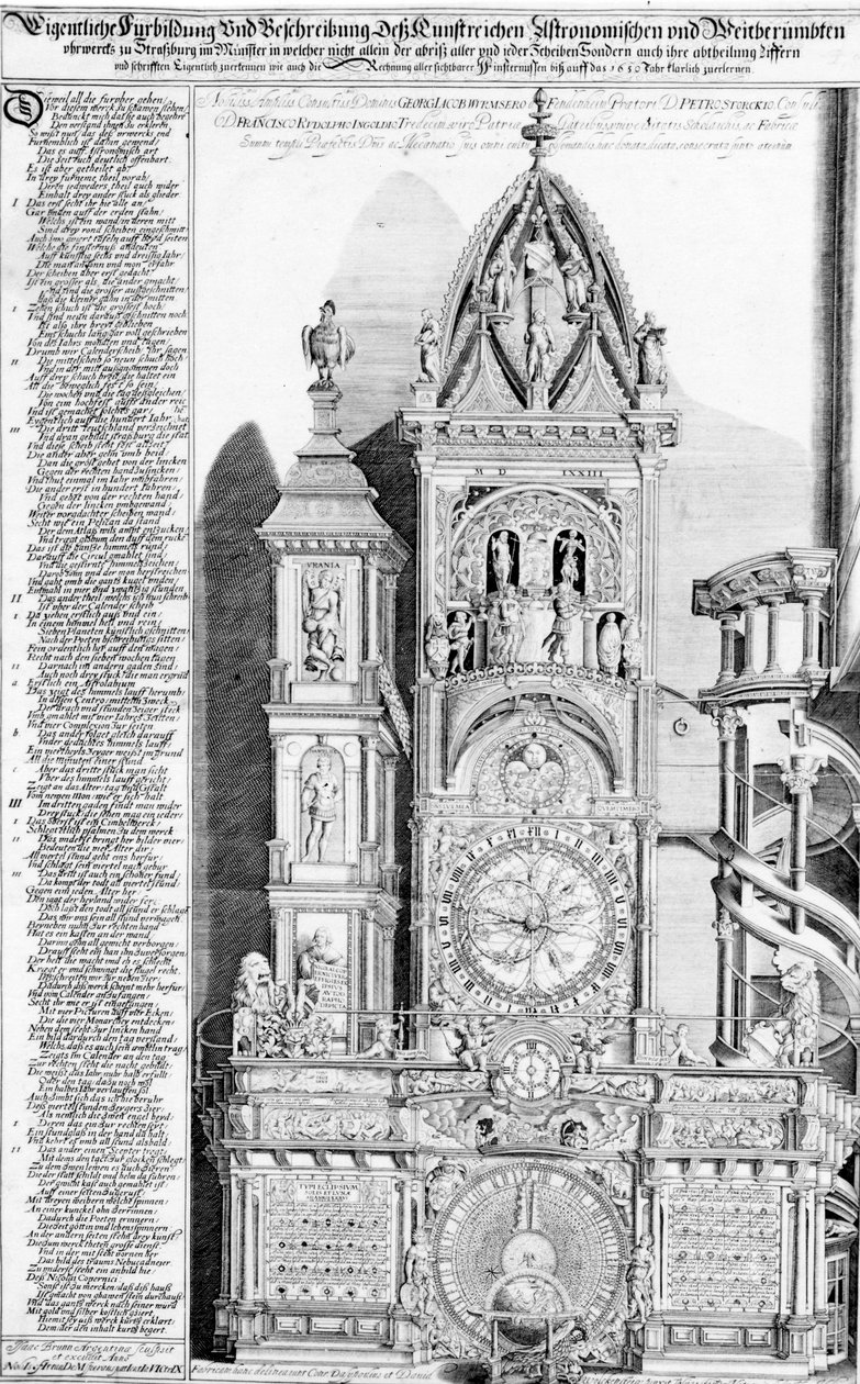 Tähtitieteellinen kello Strasbourgin katedraalissa, 1621 (kaiverrus ja kohopaino) tekijältä Franz Isaac Brun