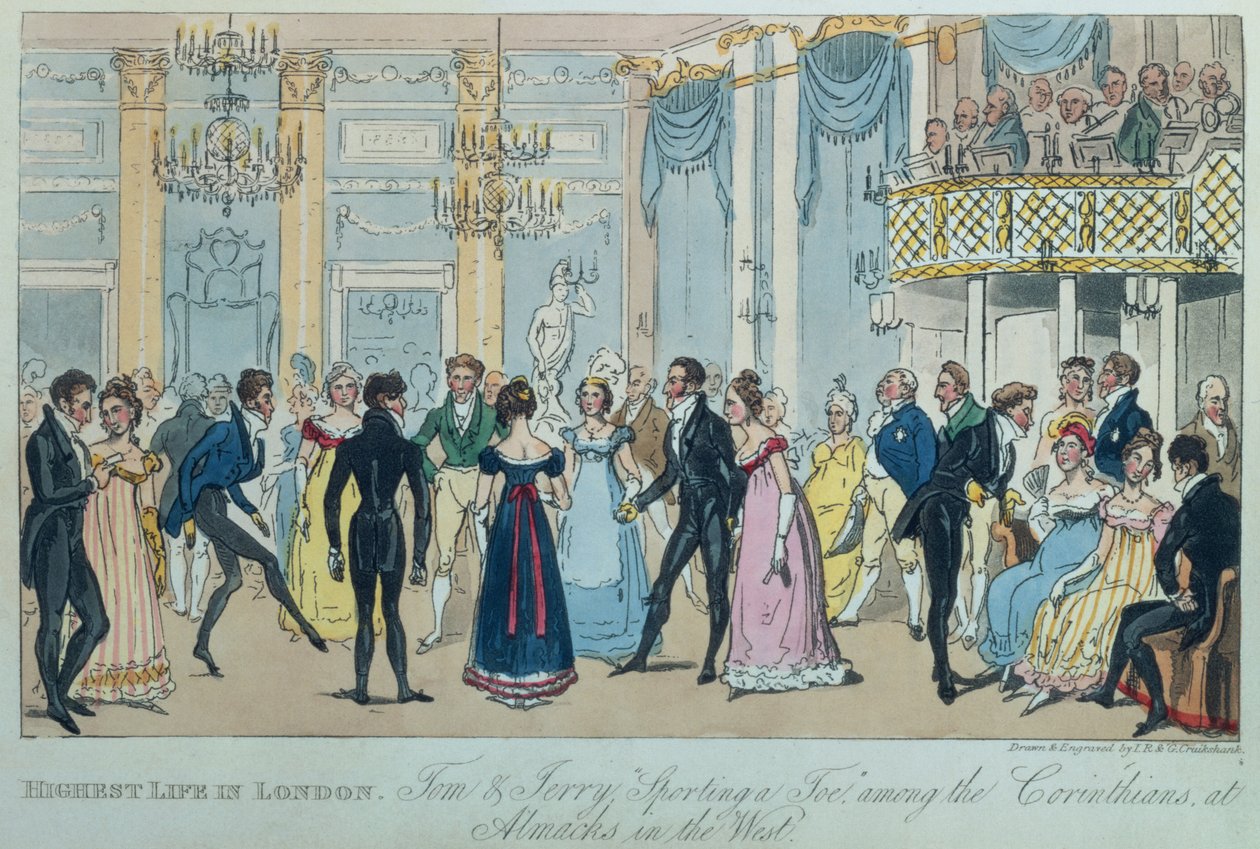 Lontoon korkein elämä: Tom ja Jerry "Sporting a Toe" korinttilaisten joukossa Almacksissa lännessä, Pierce Eganin teoksesta Life in London, 1821 (värinen akvatinta) tekijältä Isaac, Robert and George Cruikshank