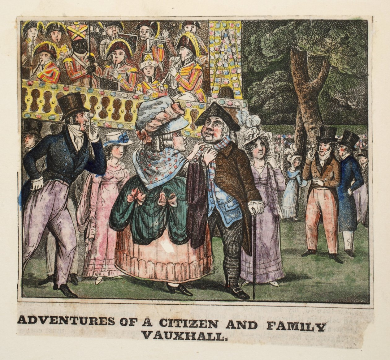 Kansalaisen ja perheen seikkailut Vauxhall, 1826 (käsin väritetty kaiverrus) tekijältä Isaac Robert Cruikshank