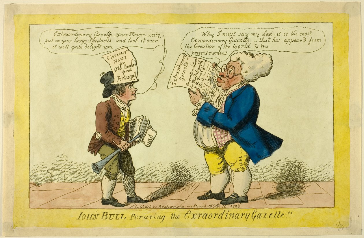 John Bull lukemassa Extraordinary Gazette -lehteä tekijältä Isaac Cruikshank