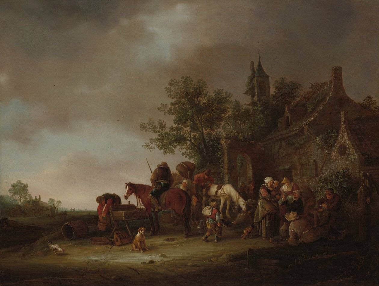 Matkailijat pysähtyvät majatalossa tekijältä Isaac van Ostade