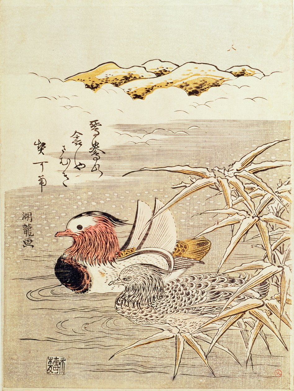 Mandarin Ducks -pari (värillinen puupalikkaprintti) tekijältä Isoda Koryusai