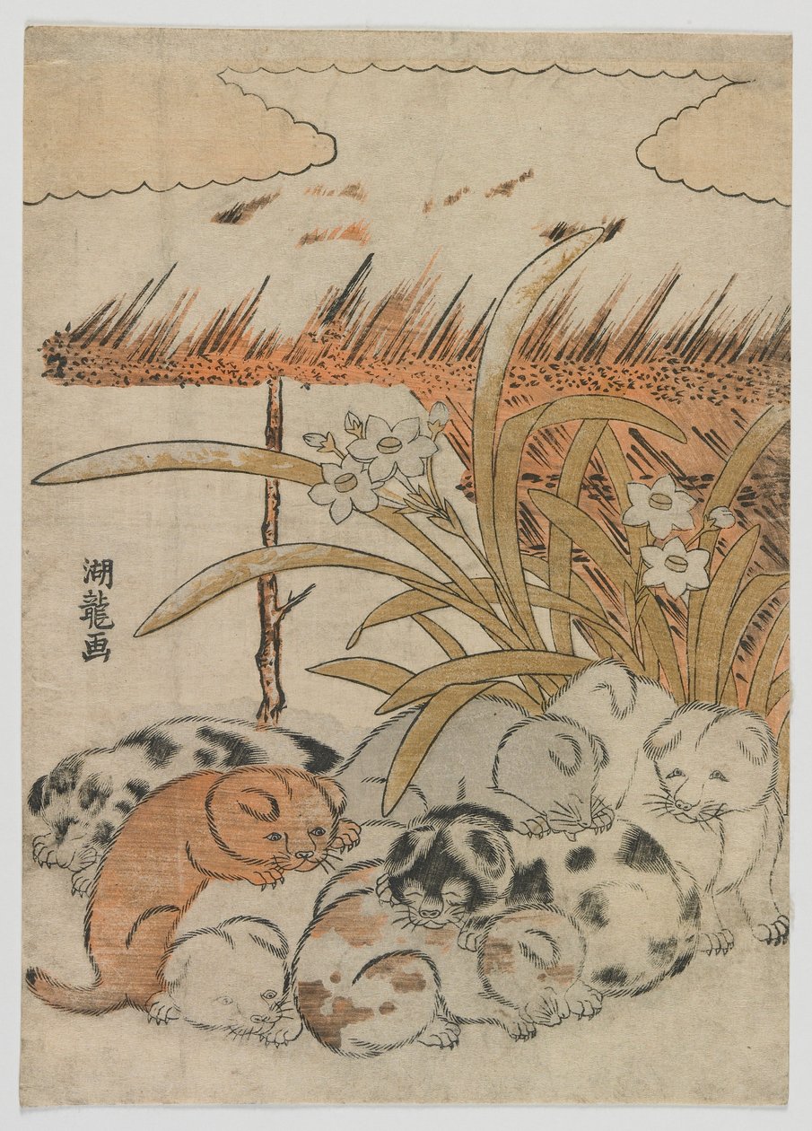 Pennut lumessa, Edo-kausi, 1778 (värillinen puupainatus) tekijältä Isoda Koryusai
